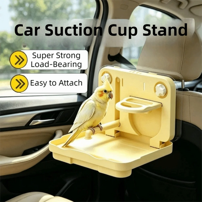 A beige car suction cup stand mounted on a car headrest, holding a small yellow-and-white cockatiel. The image includes text overlays reading 'Car Suction Cup Stand' and 'Super Strong Load-Bearing' and 'Easy to Attach'.