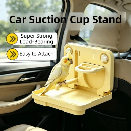 A beige car suction cup stand mounted on a car headrest, holding a small yellow-and-white cockatiel. The image includes text overlays reading 'Car Suction Cup Stand' and 'Super Strong Load-Bearing' and 'Easy to Attach'.