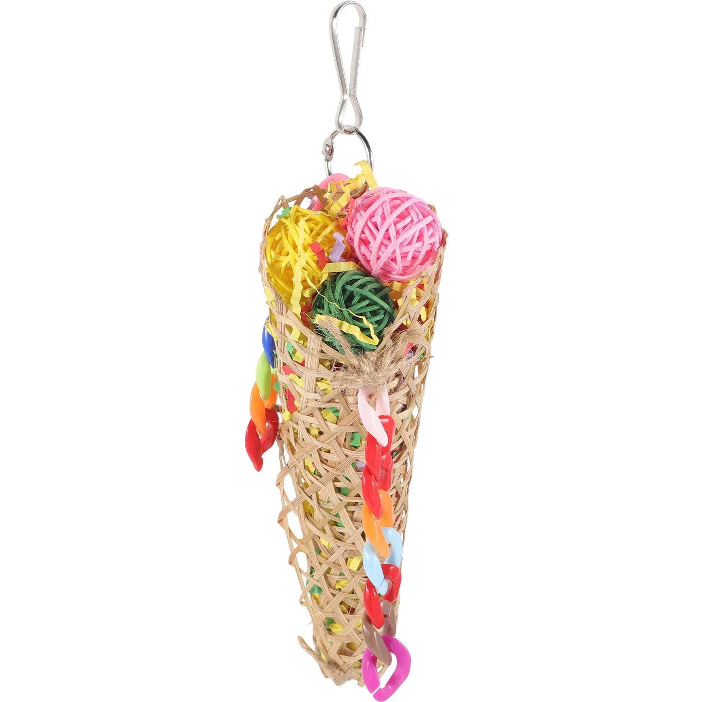 Woven Cone Shreddable Parrot Toy with Chain Rings | Bon Bon Bird Toys