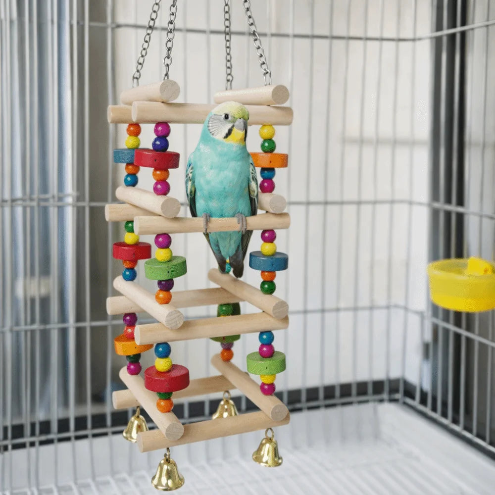 Colorful Wooden Climbing Ladder with Bells for Birds | Bon Bon Bird Toys