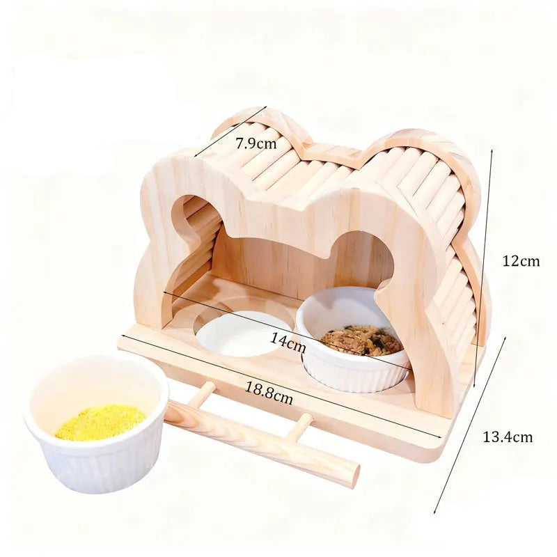 Wooden Bird Feeder House with Ceramic Bowls and Perch dimensions