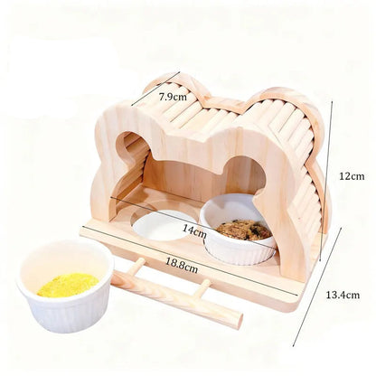 Wooden Bird Feeder House with Ceramic Bowls and Perch dimensions