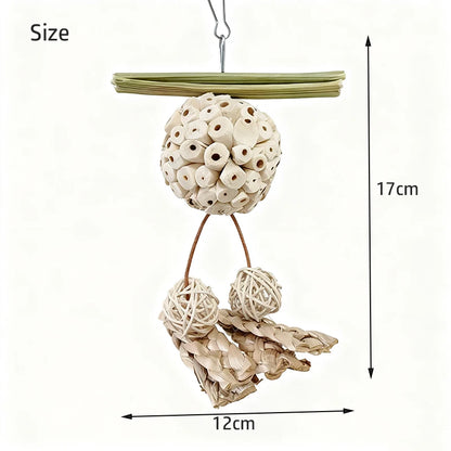 Decorative hanging sola ball with natural elements and measurements on a white background