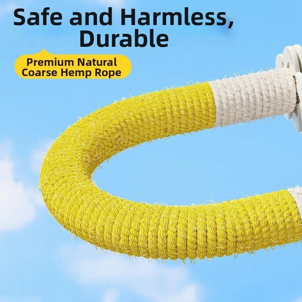 A curved yellow and white hemp rope shown against a blue sky background, with promotional text reading 'Safe and Harmless, Durable' and 'Premium Natural Coarse Hemp Rope.'.