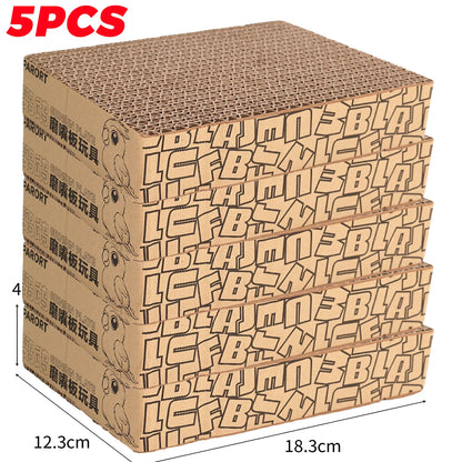 Stack of cardboard platform perches with brand name and dimensions on a white background