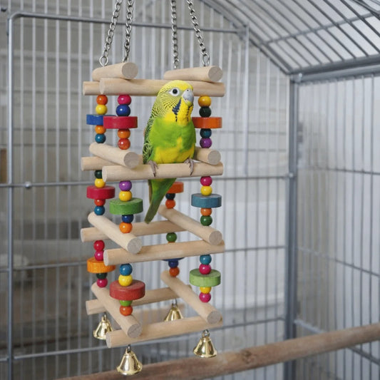 Colorful Wooden Climbing Ladder with Bells for Birds | Bon Bon Bird Toys