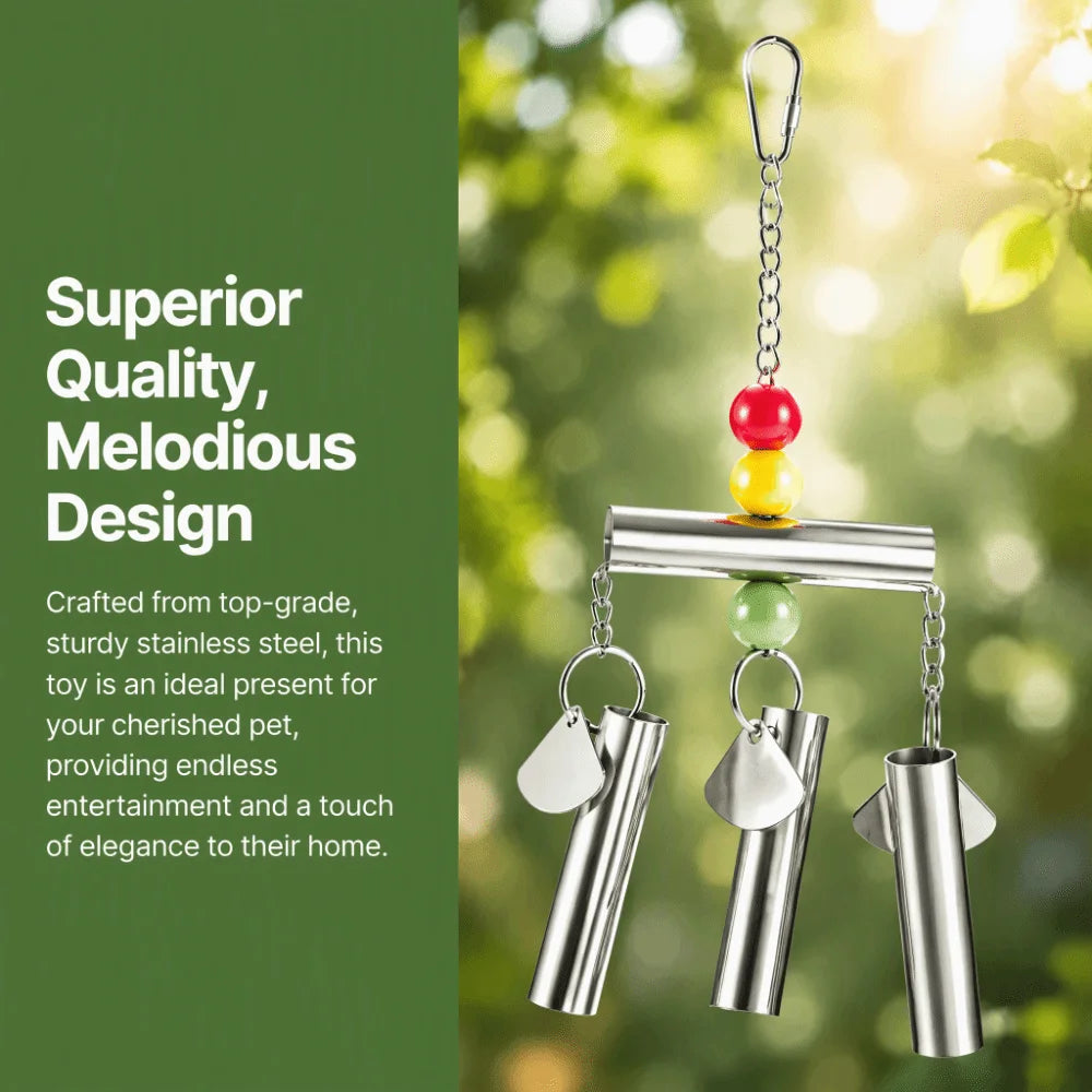 A stainless steel pet wind spinner toy with three hanging metal cups and colorful bead accents, shown against a blurred green outdoor background with a dark green text panel on the left.