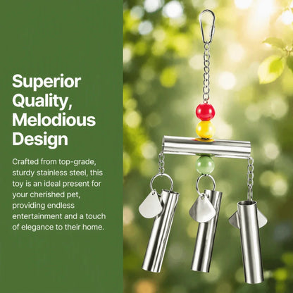 A stainless steel pet wind spinner toy with three hanging metal cups and colorful bead accents, shown against a blurred green outdoor background with a dark green text panel on the left.