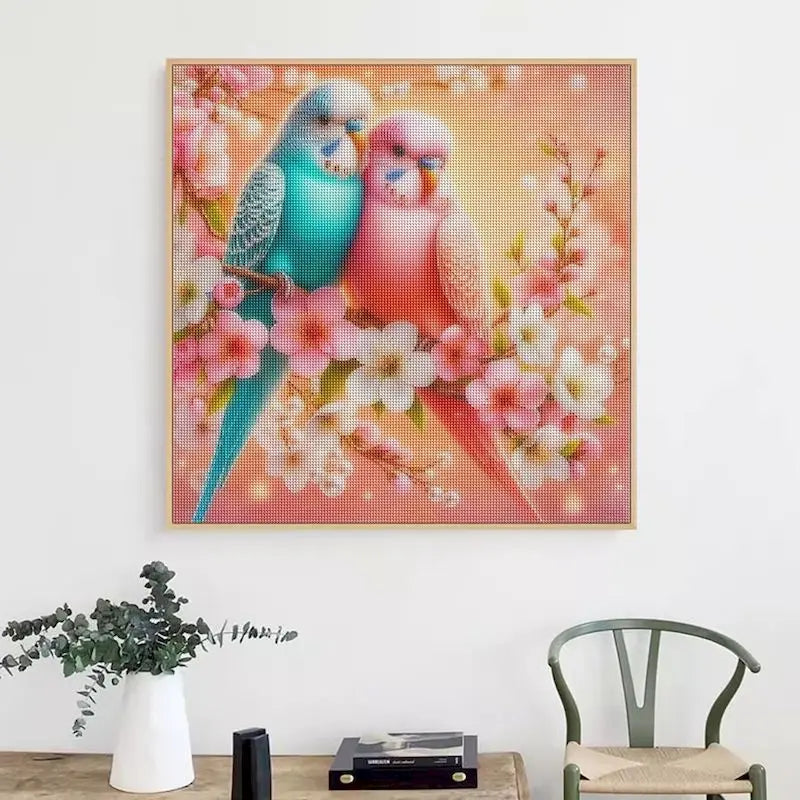 Parakeets Among Cherry Blossoms Diamond Painting Kit