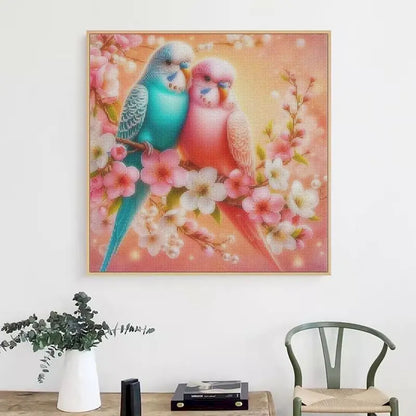 Parakeets Among Cherry Blossoms Diamond Painting Kit