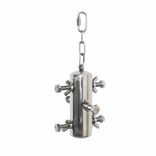 A stainless-steel bird toy