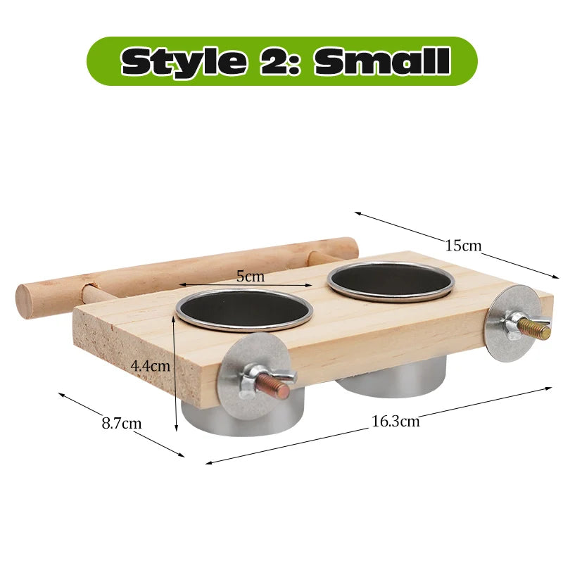 Wood Perch Stand with Stainless Steel Feeding Cups