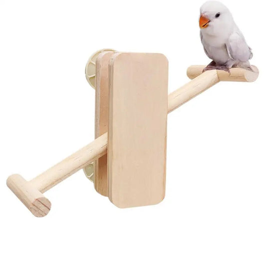 A light natural wood bird perch with cage mount, shown with a small white bird perched on the right side against a white background. 