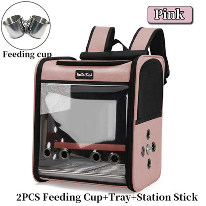 Bird Travel Backpack Carrier with Perch and Feeding Cups