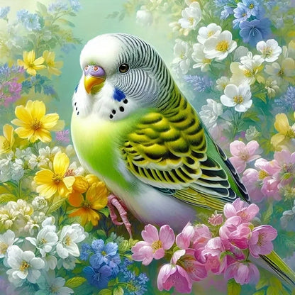 Green Parakeet in Wildflower Garden Diamond Painting Kit | Bon Bon Bird Toys