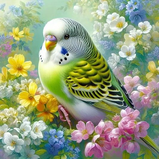 Green Parakeet in Wildflower Garden Diamond Painting Kit | Bon Bon Bird Toys