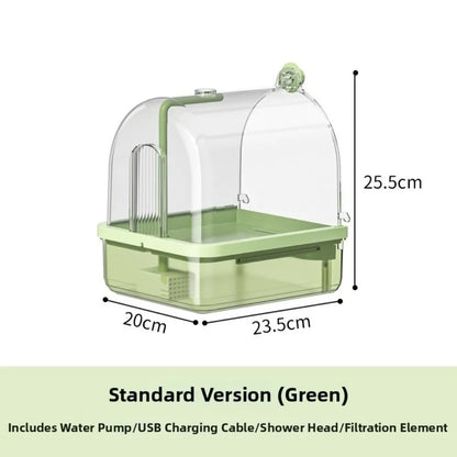 Clear Dome Bird Bath with Auto Water Circulation | Bon Bon Bird Toys