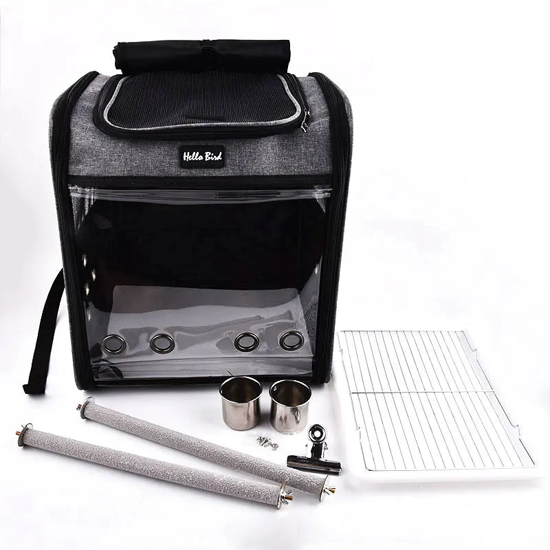 Bird Travel Backpack Carrier with Perch and Feeding Cups