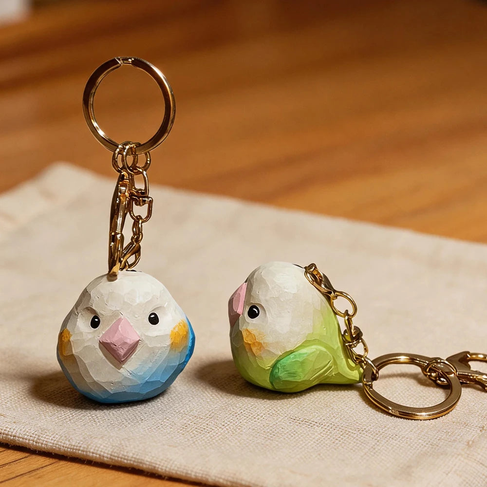 Hand-Carved Wood Lovebird Keychain | Bon Bon Bird Toys