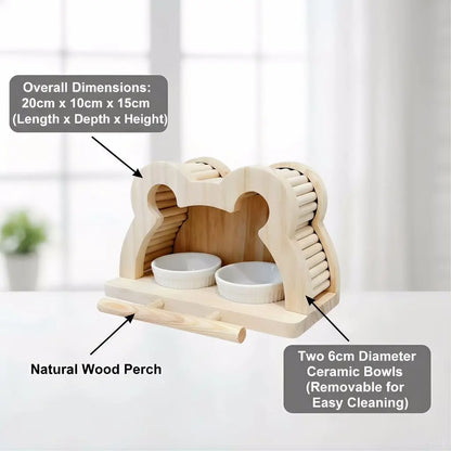 Natural wood bird feeder with two ceramic bowls, shown on a light background with text callouts indicating overall dimensions and bowl details.