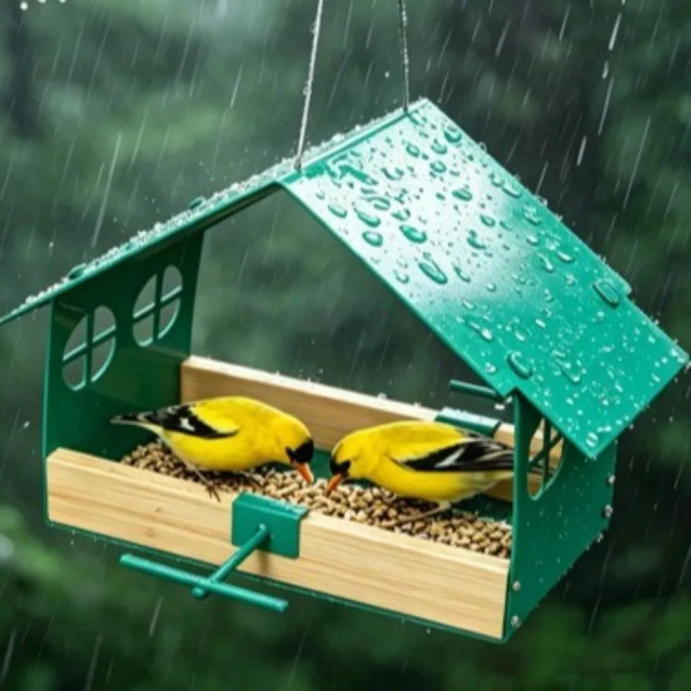 A green house-shaped bird feeder with a wooden tray holding seed, shown hanging in the rain with two yellow birds eating around it against a blurred green outdoor background.
