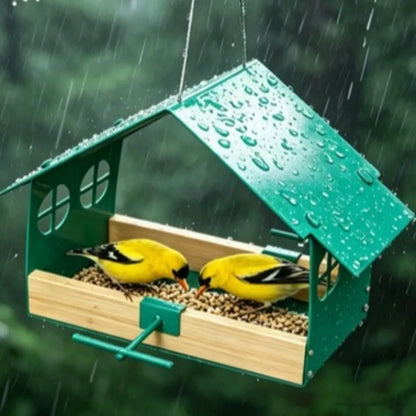 A green house-shaped bird feeder with a wooden tray holding seed, shown hanging in the rain with two yellow birds eating around it against a blurred green outdoor background.