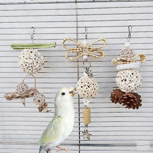 Bird perched on a branch with a bird toy featuring natural elements like pine cones and rattan balls.