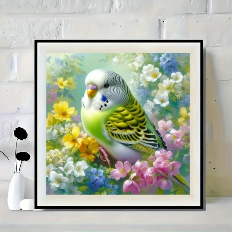 Green Parakeet in Wildflower Garden Diamond Painting Kit | Bon Bon Bird Toys