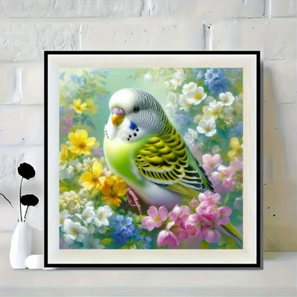 Green Parakeet in Wildflower Garden Diamond Painting Kit | Bon Bon Bird Toys
