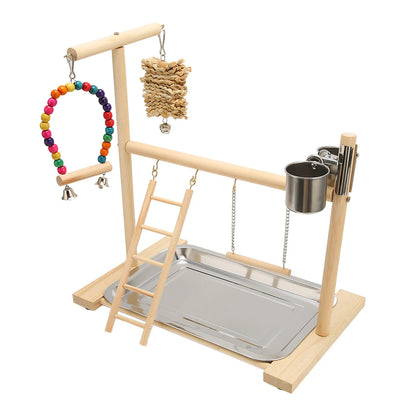 Pine Wood Bird Play Gym with Corn Husk Swing & Feeding Cups | Bon Bon Bird Toys