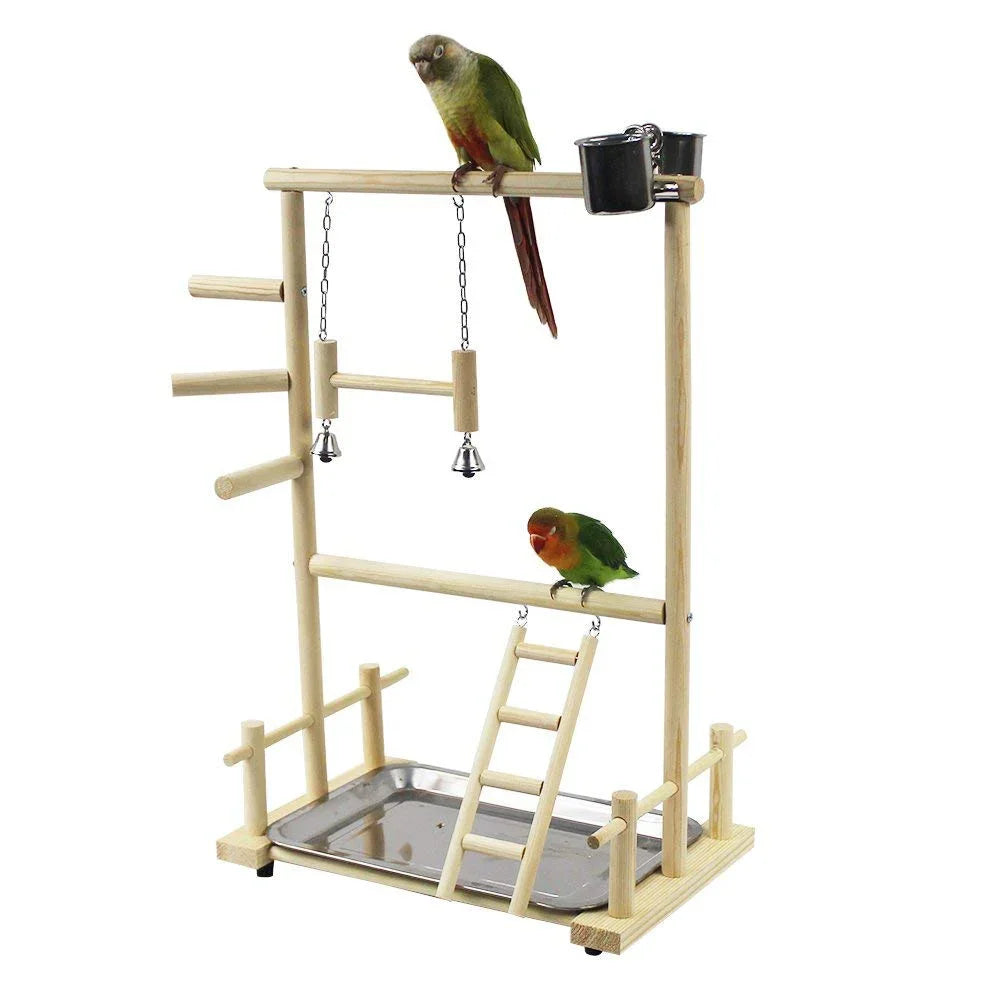 Wooden Bird Play Gym with Ladder, Swing & Feeding Cups | Bon Bon Bird Toys