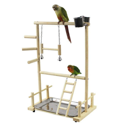 Wooden Bird Play Gym with Ladder, Swing & Feeding Cups | Bon Bon Bird Toys