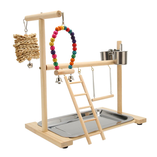 Pine Wood Bird Play Gym with Corn Husk Swing & Feeding Cups | Bon Bon Bird Toys