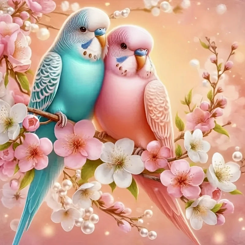 Parakeets Among Cherry Blossoms Diamond Painting Kit | Bon Bon Bird Toys