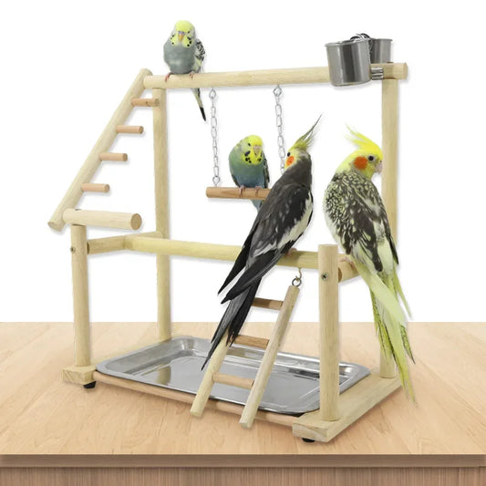 Wooden Bird Play Gym with Ladder & Stainless Steel Cups | Bon Bon Bird Toys