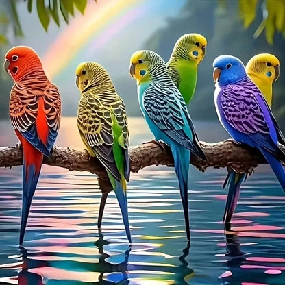 Rainbow Parakeets on a Branch Diamond Painting Kit | Bon Bon Bird Toys