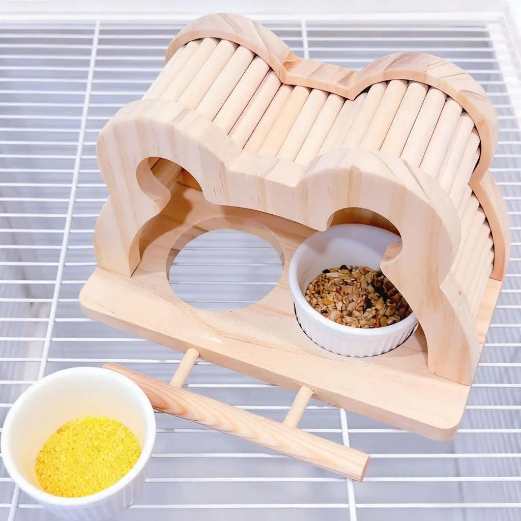 Wooden Bird Feeder House with Ceramic Bowls and Perch