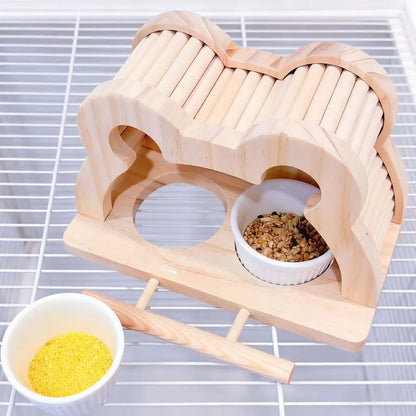 Wooden Bird Feeder House with Ceramic Bowls and Perch