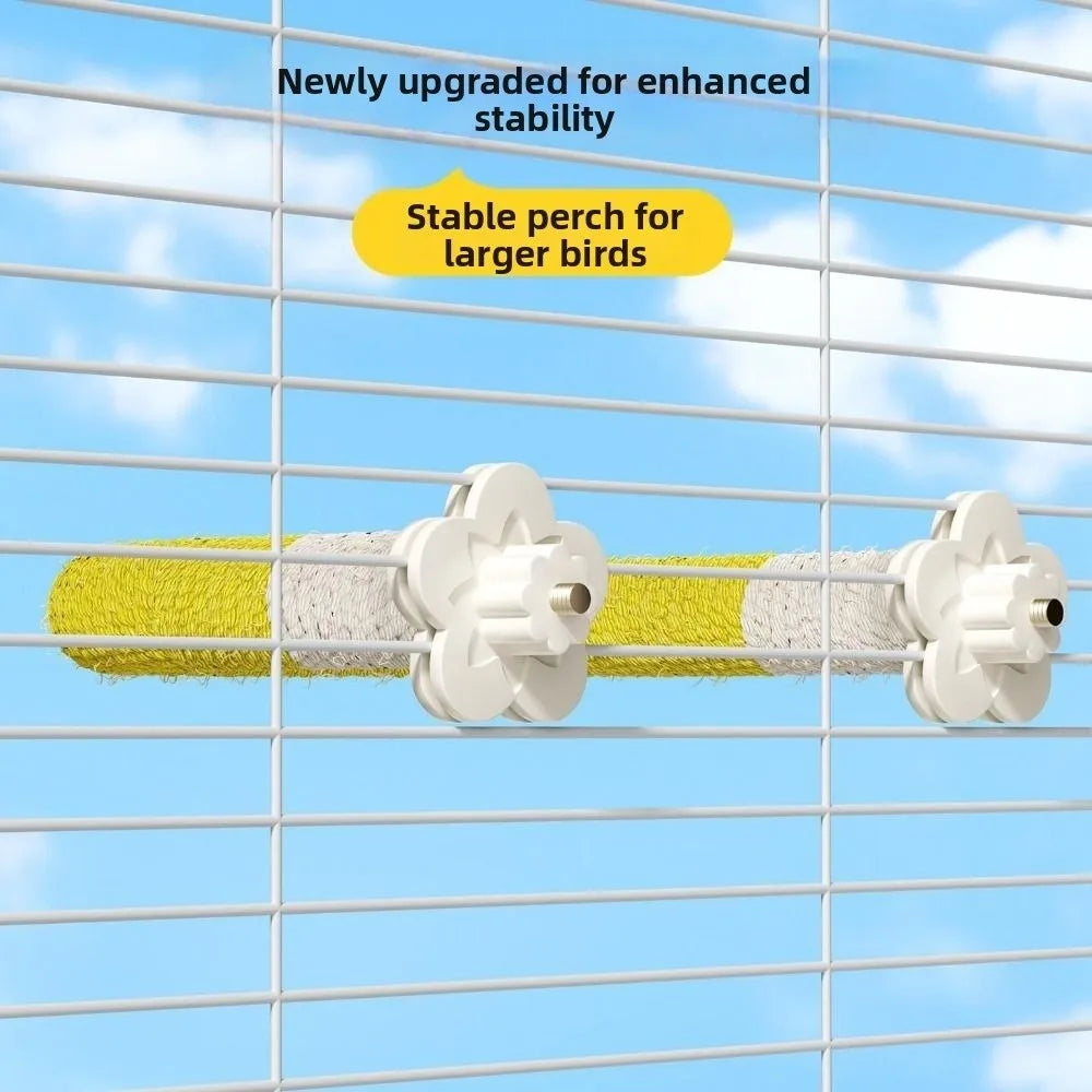 A close-up of a bird cage perch with white plastic flower-shaped mounting hardware and a yellow-and-white textured perch bar, shown against a blue sky background with clouds. Text overlays read 'Newly upgraded for enhanced stability' and 'Stable perch for larger birds.