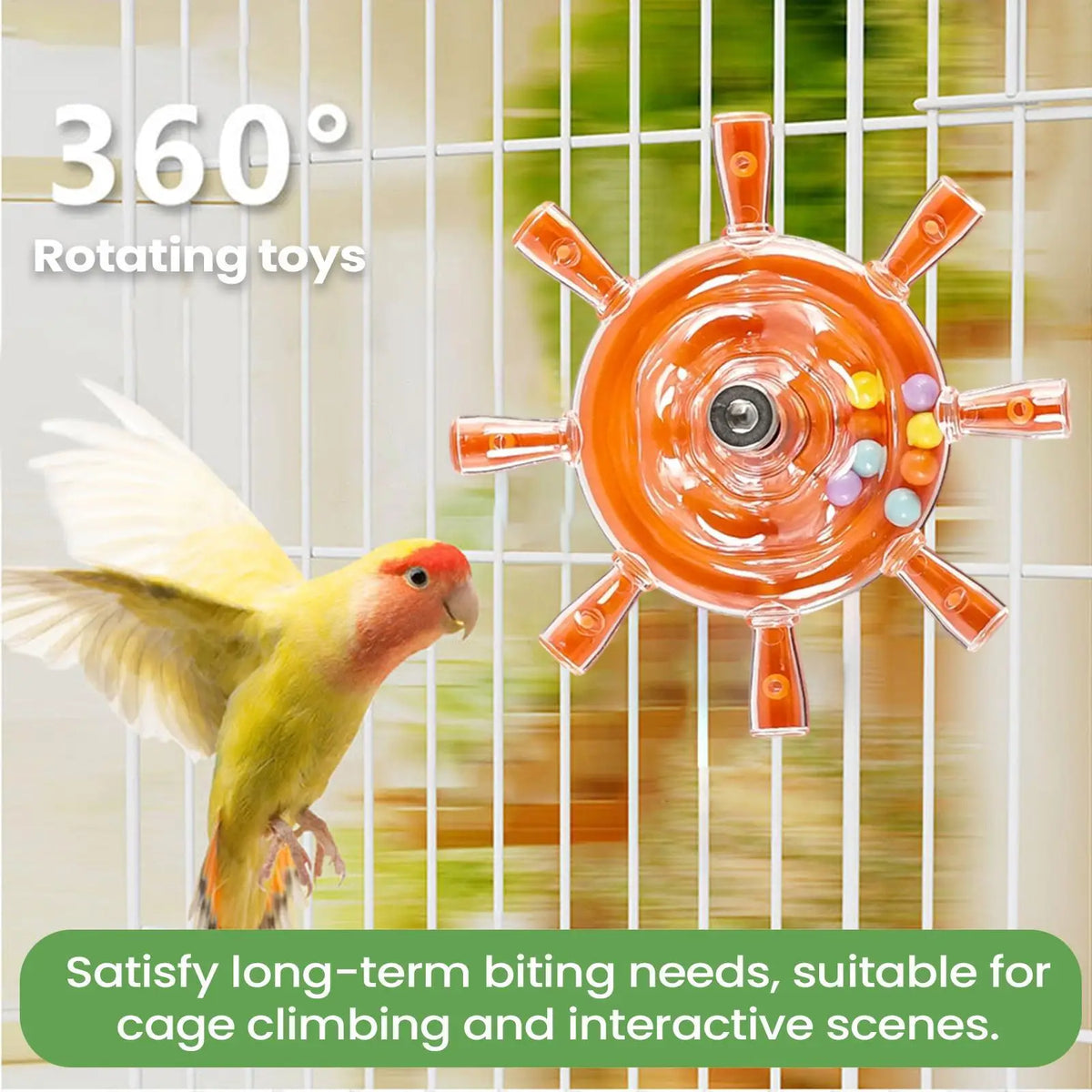 Orange rotating toy for birds in a cage with a parrot perched on the side.