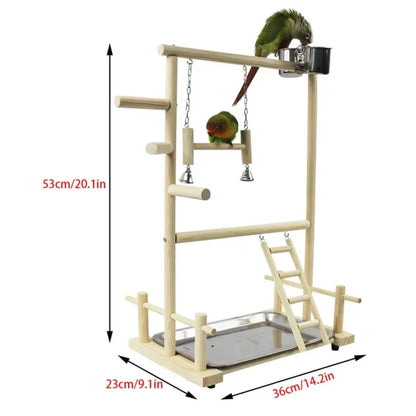 Wooden Bird Play Gym with Ladder, Swing & Feeding Cups | Bon Bon Bird Toys