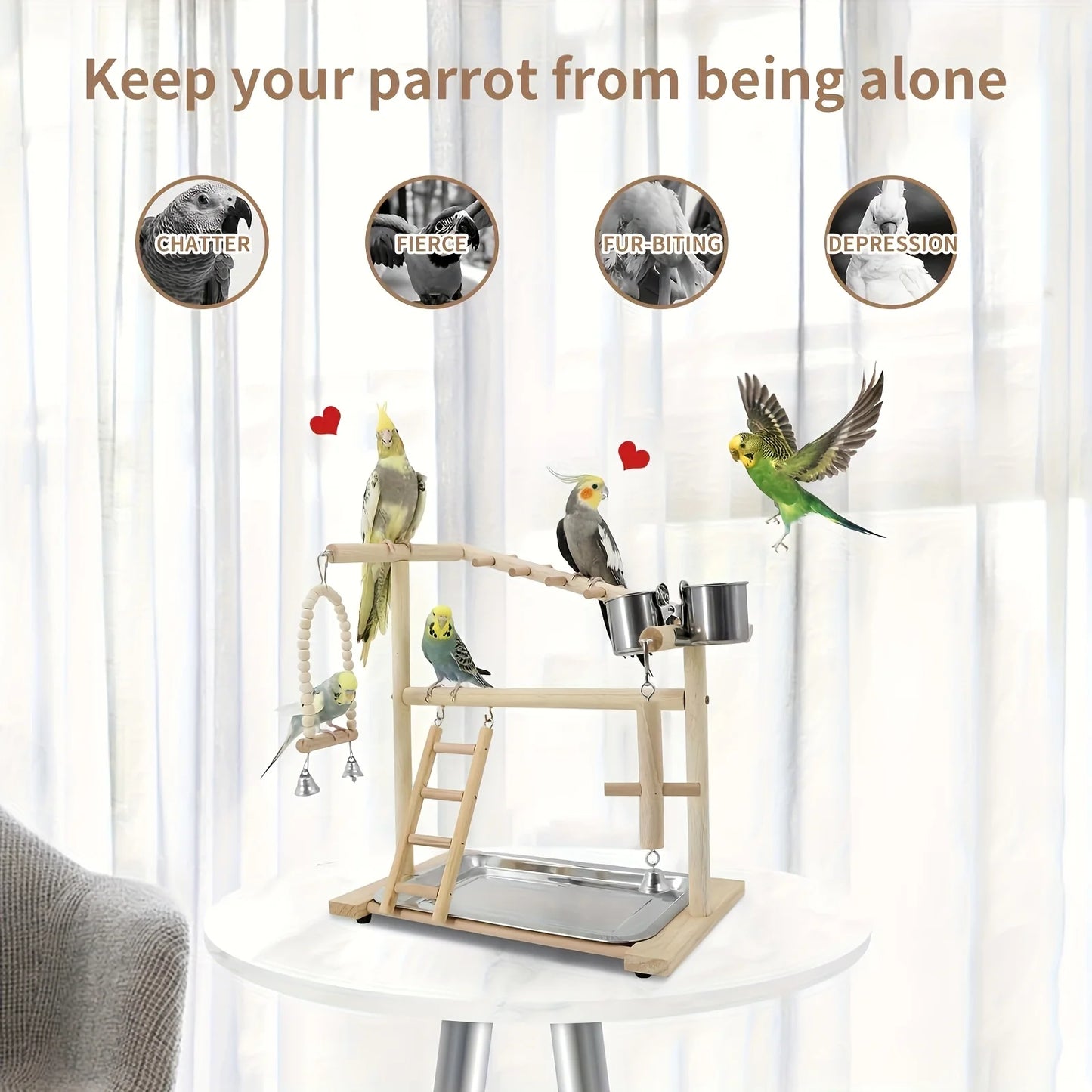 Wooden Bird Play Gym with Rope Perch, Ladder & Swing | Bon Bon Bird Toys