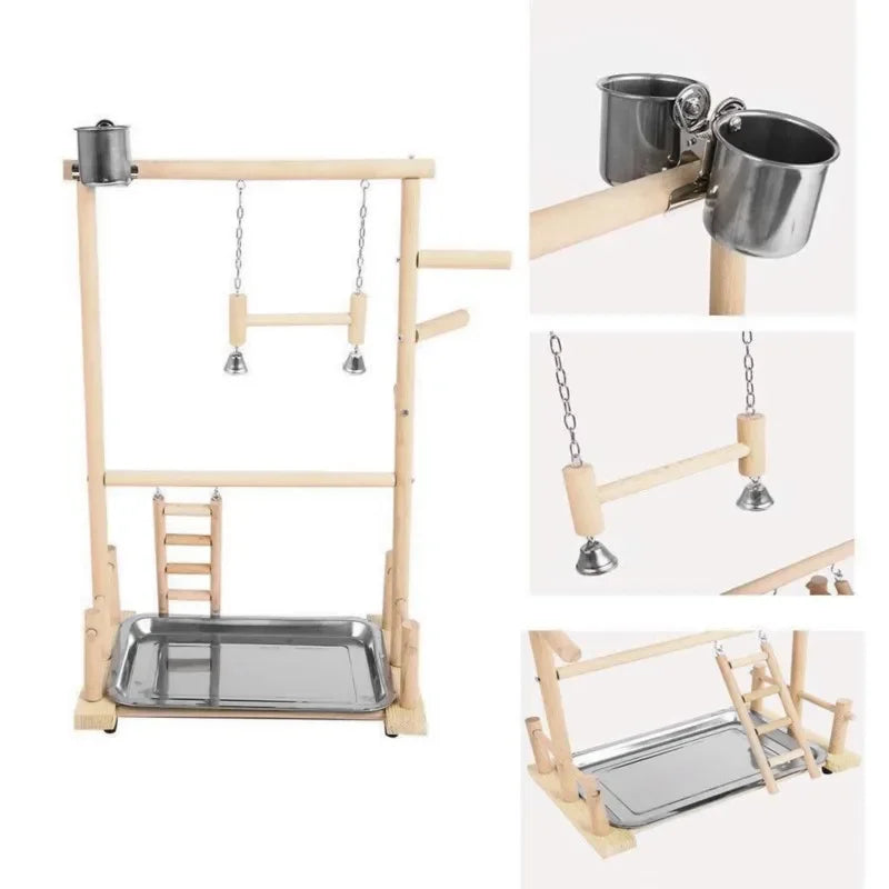Wooden Bird Play Gym with Ladder, Swing & Feeding Cups | Bon Bon Bird Toys