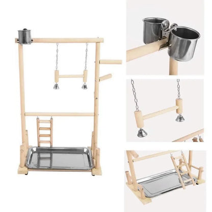 Wooden Bird Play Gym with Ladder, Swing & Feeding Cups | Bon Bon Bird Toys