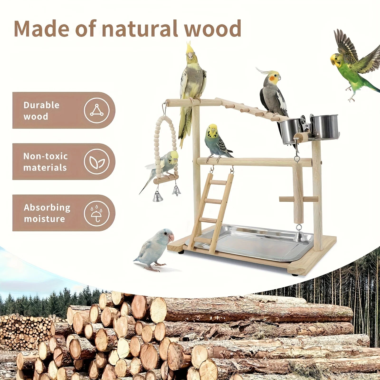 Wooden Bird Play Gym with Rope Perch, Ladder & Swing | Bon Bon Bird Toys
