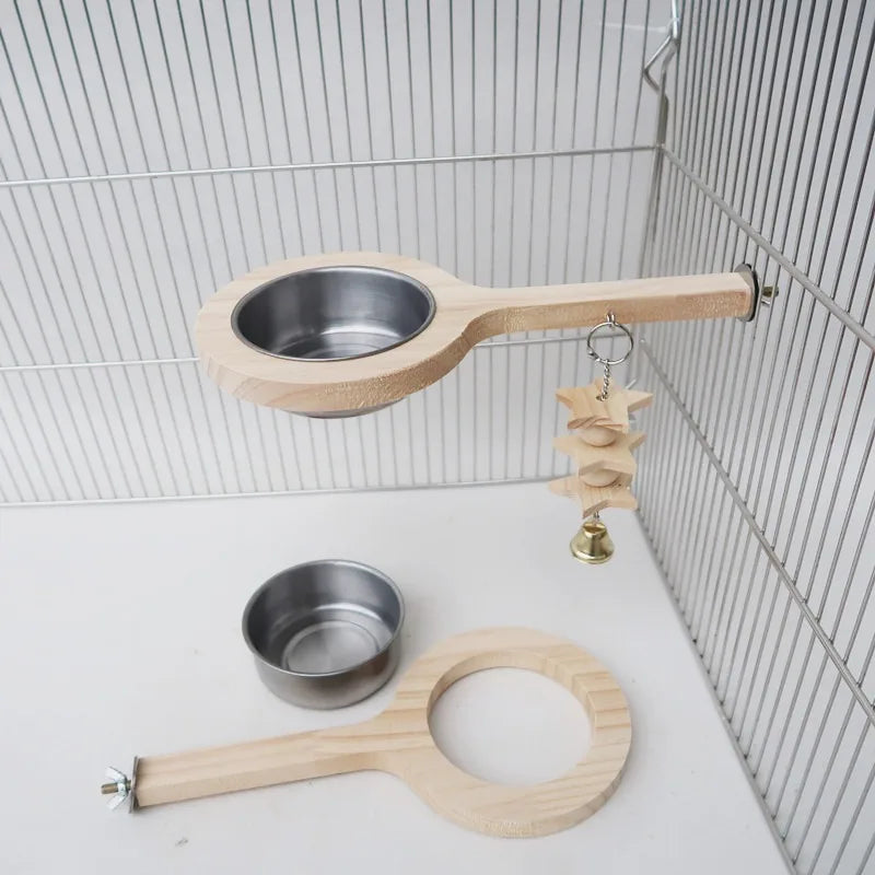 Wooden Perch with Feeding Bowl for Birds | Bon Bon Bird Toys