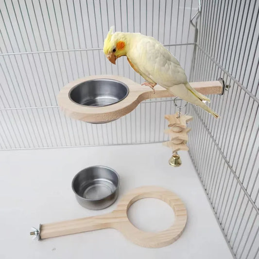 Wooden Perch with Feeding Bowl for Birds | Bon Bon Bird Toys