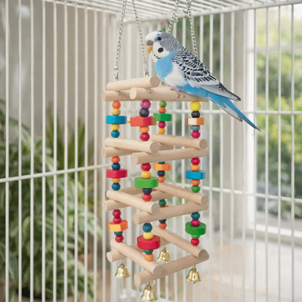 Colorful Wooden Climbing Ladder with Bells for Birds | Bon Bon Bird Toys