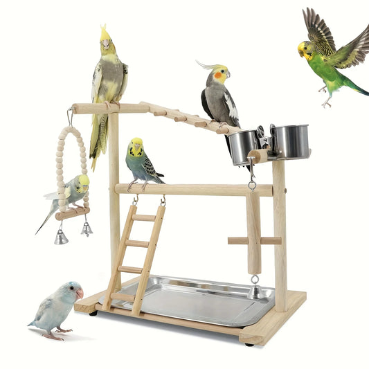 Wooden Bird Play Gym with Rope Perch, Ladder & Swing | Bon Bon Bird Toys
