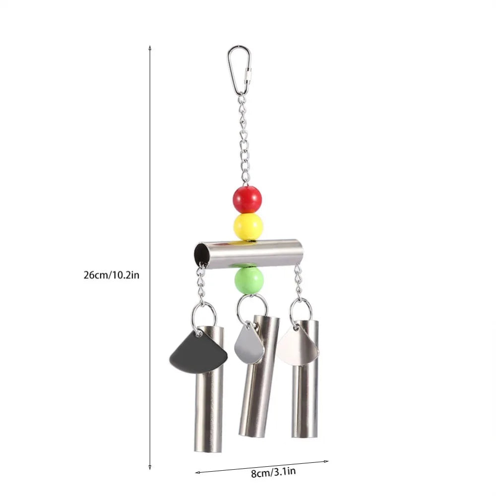 Metal bird toy with hanging tubes and colored beads, shown on a white background with dimension lines indicating 26cm height and 8cm width.